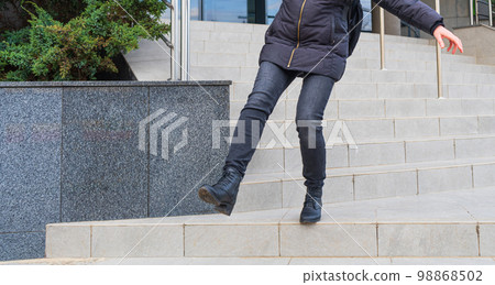 Falling Woman on Slippery Stairs, Icy Steps Fell, Unsafe Wet Steps, Slippery Stairs Problem 98868502