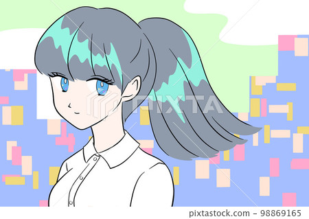 馬尾辮女學生長發手繪插畫微笑 98869165