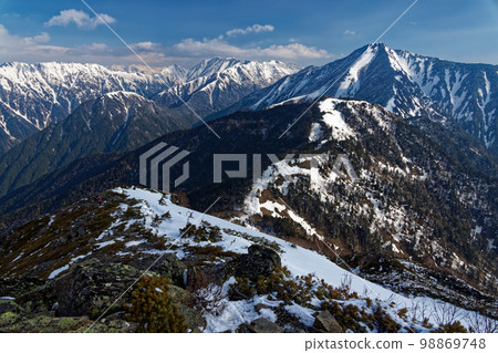 從北阿爾卑斯長嶽山脊線看到的上念岳和大天城岳 從北阿爾卑斯長嶽山脊線看到的上念岳和大天城岳 98869748