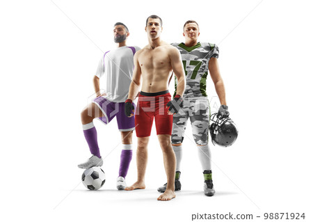 Sport collage. MMA, soccer, american football. Professional athletes. Isolated in white Sport collage. MMA, soccer, american football. Professional athletes. Isolated in white 98871924