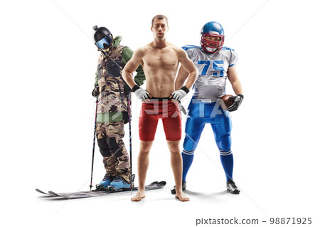 Sport collage. MMA, skiing, american football. Professional athletes. Isolated in white Sport collage. MMA, skiing, american football. Professional athletes. Isolated in white 98871925