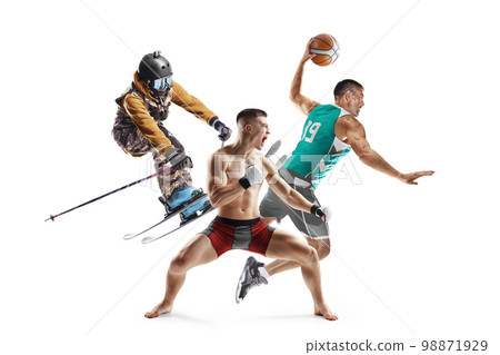 MMA, skiing, basketball. Sport in action. Professional athletes. Sport collage. Isolated in white. Sport emotion 98871929