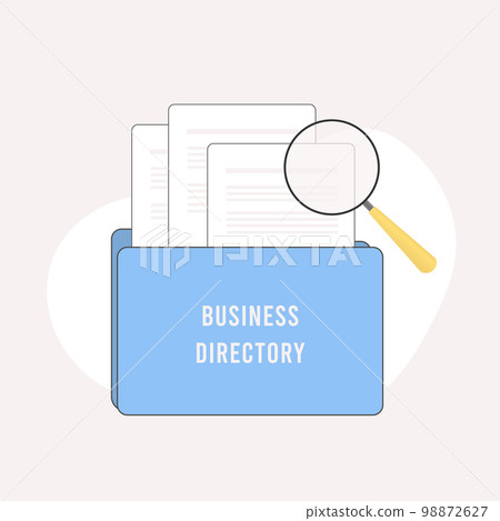 Computer folder with Business Directory label. Digital organizational system for storing and managing business-related information documents. Centralized location for storage, indexing of information 98872627