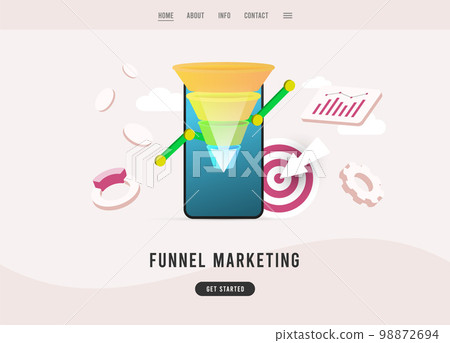 Funnel Marketing - consumer-focused digital marketing concept illustration with sales funnel. Generating new leads, increase monetization strategy flat design e-commerce landing page template Funnel Marketing - consumer-focused digital marketing concept illustration with sales funnel. Generating new leads, increase monetization strategy flat design e-commerce landing page template 98872694
