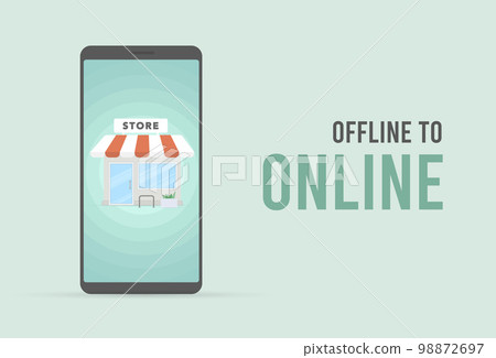 Offline to Online - O2O e-commerce business concept illustration. On the smartphone screen, image of the offline store building, as a metaphor for moving a business from offline to online Offline to Online - O2O e-commerce business concept illustration. On the smartphone screen, image of the offline store building, as a metaphor for moving a business from offline to online 98872697
