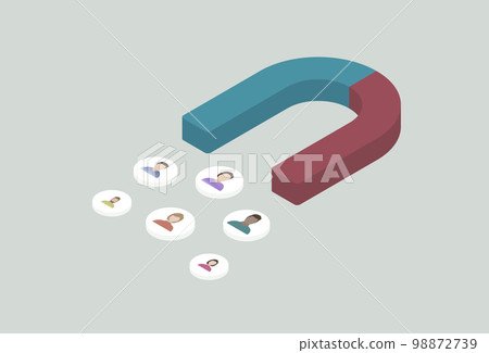 User engagement - customer acquisition and retention concept. Acquiring a new customers with inbound marketing strategy. Magnet in isometric design style attracting people 98872739
