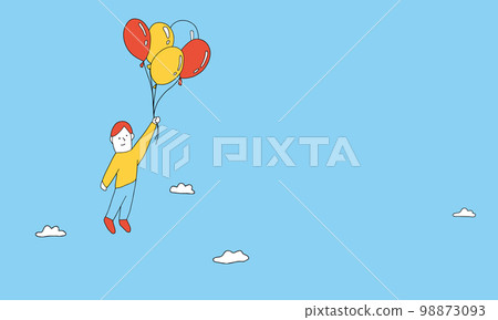 A smiling person holding a balloon and floating A smiling person holding a balloon and floating 98873093