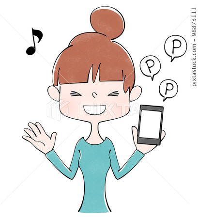 Illustration of a woman who accumulates points on her smartphone Illustration of a woman who accumulates points on her smartphone 98873111