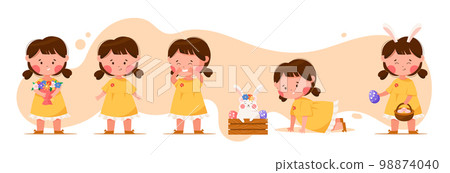 Cute cartoon girl with Easter eggs and bunny set. Classic Easter holiday scenes. Vector isolated illustrations. Cute cartoon girl with Easter eggs and bunny set. Classic Easter holiday scenes. Vector isolated illustrations. 98874040
