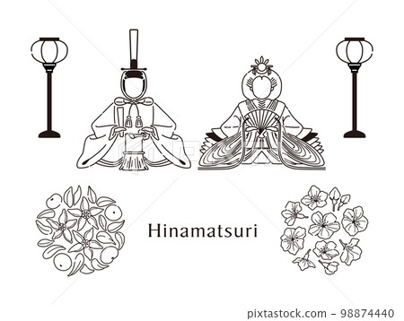 Illustration of Hina dolls, paper lanterns and flowers (line drawing) 98874440