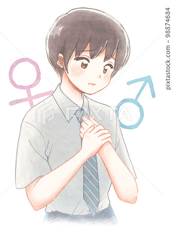 一個學生對男孩的製服感到不舒服的水彩插圖 98874684