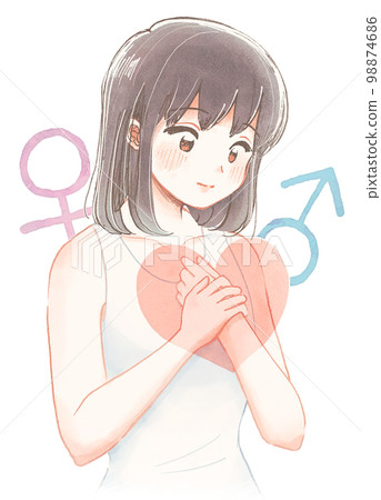 水彩風格插圖，女孩思考她的心和性別 98874686