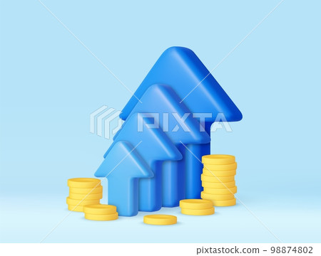 3d Blue up arrow and coin stacks 3d Blue up arrow and coin stacks 98874802