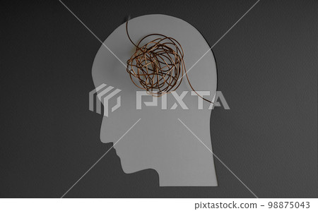 Mental Health Disorder Concept. Weak, Stressed Down Person. Negative Feeling. Depressed Emotional inside a Brain and Mind. Paper Cut as Human Head and Brain made by Messy Wire 98875043