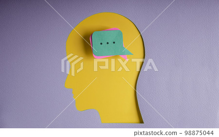 Conceptual Photo. Speak Your Mind, Voices, Saying with Smart Brain Concepts. Paper Cut as Speech Bubble Heart Lay on Human Head 98875044