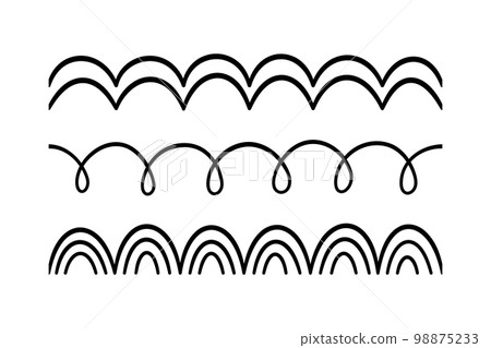 Doodle scalloped edge seamless brush stroke. Hand drawn scalloped border. Fabric laces silhouette. Repeat cute vintage frill ornament. Texture ribbon. Vector illustration isolated on white background Doodle scalloped edge seamless brush stroke. Hand drawn scalloped border. Fabric laces silhouette. Repeat cute vintage frill ornament. Texture ribbon. Vector illustration isolated on white background 98875233