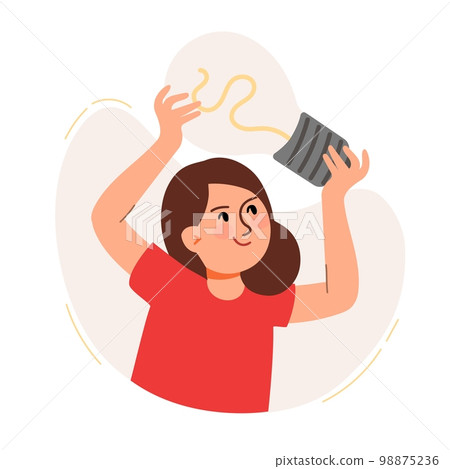 A woman holds a light bulb in her hands. The concept of a business idea, startup, organization, brainstorming. Vector illustration isolated on a white background A woman holds a light bulb in her hands. The concept of a business idea, startup, organization, brainstorming. Vector illustration isolated on a white background 98875236