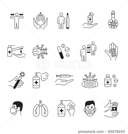 Corona virus. Medicine and health care icons. Face mask. Hand wash with sanitizer. Medical symptoms of coronavirus. Temperature and cough. Vaccine injection. Vector line pictograms set Corona virus. Medicine and health care icons. Face mask. Hand wash with sanitizer. Medical symptoms of coronavirus. Temperature and cough. Vaccine injection. Vector line pictograms set 98876693
