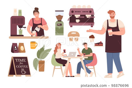 Coffee shop, cafe business, barista in apron. Restaurant facade with plants, shelf with milk. Street market, man and woman have breakfast outdoors, Vector interior cartoon flat concept 98876696