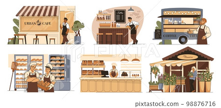 Business owners, vendor set, restaurant and cafe, flovers store and bakery. Barista man in apron on counter, pasty or food shop. Local marketplace stalls, vector cartoon flat concept Business owners, vendor set, restaurant and cafe, flovers store and bakery. Barista man in apron on counter, pasty or food shop. Local marketplace stalls, vector cartoon flat concept 98876716