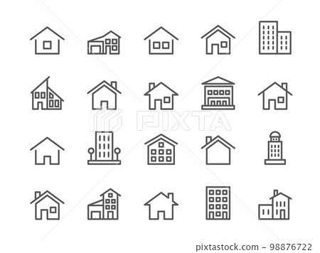 House line signs. Casa loan simple icons. Real estate. Cabin property. Cottage or apartments. Roof and windows. Residential buildings. Mansion symbols. Vector outline pictograms set House line signs. Casa loan simple icons. Real estate. Cabin property. Cottage or apartments. Roof and windows. Residential buildings. Mansion symbols. Vector outline pictograms set 98876722