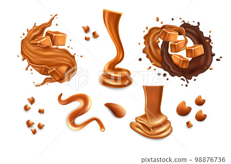 Realistic caramel, chocolate candy, toffee dessert. Sweet 3d milk splash of sauce or cream, cube icon in drip of syrup, smudges and puddle, melting liquid. Vector isolated illustration Realistic caramel, chocolate candy, toffee dessert. Sweet 3d milk splash of sauce or cream, cube icon in drip of syrup, smudges and puddle, melting liquid. Vector isolated illustration 98876736
