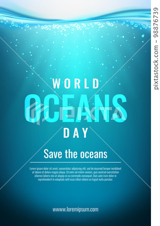Ocean Day flyer. Into dark sea. Paradise sunlight scene. Water world. Deep blue aqua. International event banner design. Environment conservation holiday. Vector save nature background 98876739