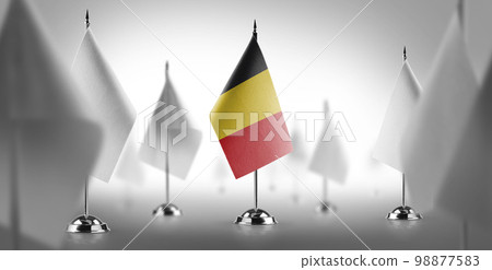 The national flag of the Belgium surrounded by white flags The national flag of the Belgium surrounded by white flags 98877583