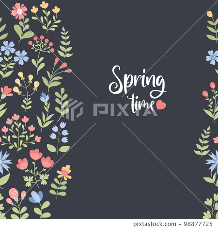 Spring time. Floral seamless pattern. Decorative flowers on black background. Vector illustration in flat style. Floral endless background for design, banners, cards, decor, packaging. 98877725