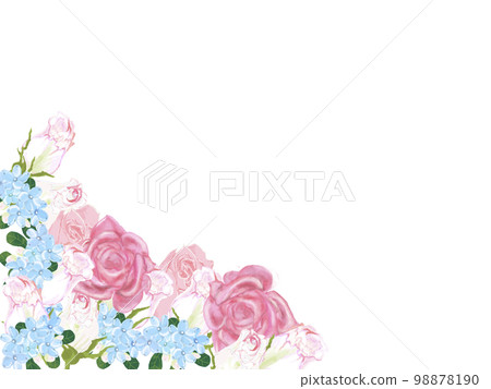Flower frame series that can be used for cards Three kinds of pink roses and blue small flowers Lower left corner Flower frame series that can be used for cards Three kinds of pink roses and blue small flowers Lower left corner 98878190