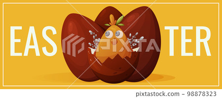 Festive flyer for Happy Easter. Traditional red eggs and cute chick, willow twigs. Vector illustration for poster, banner, website. Festive flyer for Happy Easter. Traditional red eggs and cute chick, willow twigs. Vector illustration for poster, banner, website. 98878323