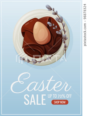 Easter sale. Chicken egg of natural color on a plate with a towel, willow twigs. Vector illustration for the spring holiday. Vertical banner, flyer, poster Easter sale. Chicken egg of natural color on a plate with a towel, willow twigs. Vector illustration for the spring holiday. Vertical banner, flyer, poster 98878324