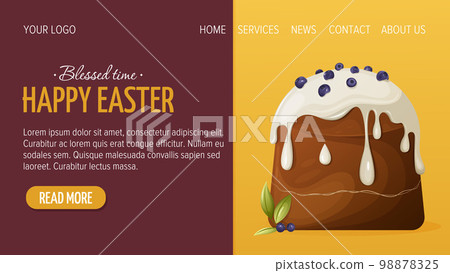 Web page design for Happy Easter. Festive traditional cake with white icing and blueberries. Vector illustration, template for poster, banner, website. Web page design for Happy Easter. Festive traditional cake with white icing and blueberries. Vector illustration, template for poster, banner, website. 98878325