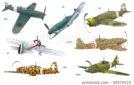 A vector illustration set of 7 types of Italian single-seat propeller fighter planes that were active around World War II. A vector illustration set of 7 types of Italian single-seat propeller fighter planes that were active around World War II. 98878418