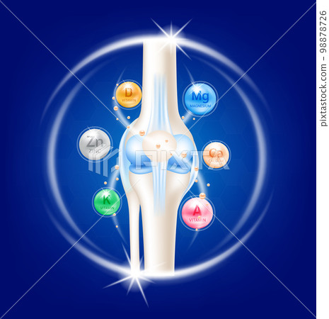 Bone with vitamins, calcium, zinc and magnesium. Joint treatment arthritis knee pain in leg on a blue background. Medical healthcare skeleton x ray scan concept. Vector EPS10 illustration. 98878726