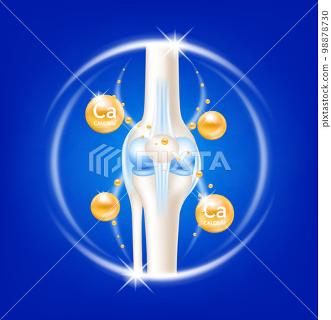 Dietary supplement bones. Arthritis knee joint pain in leg. Bone with orange calcium. Medical healthcare skeleton x ray scan concept. Vector EPS10 illustration 98878730