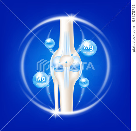 Dietary supplement bones. Arthritis knee joint pain in leg. Bone with blue magnesium. Medical healthcare skeleton x ray scan concept. Vector EPS10 illustration 98878731