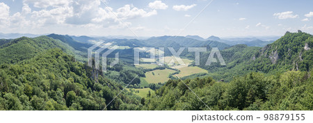 Panoramic view on green valley surrounded by lush forest and mountains, EU, Slovakia Panoramic view on green valley surrounded by lush forest and mountains, EU, Slovakia 98879155