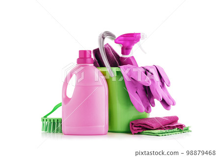 Household Cleaner tools and sundry items Spring cleaning kitchen, bathroom and other rooms. on white. Cleaning and janitorial service concept. Green and vibrant violet 98879468