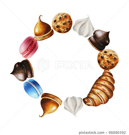 Watercolor frame with macaroons, biscuits, marshmallows in chocolate, meringue, eclair, croissant, cholocate cookies.. For designers, menu, shop, bar, bistro, restaurant, for postcards, wrapping paper Watercolor frame with macaroons, biscuits, marshmallows in chocolate, meringue, eclair, croissant, cholocate cookies.. For designers, menu, shop, bar, bistro, restaurant, for postcards, wrapping paper 98880392