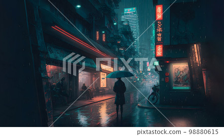 rainy night in cyberpunk chinese city street, neural network generated art rainy night in cyberpunk chinese city street, neural network generated art 98880615