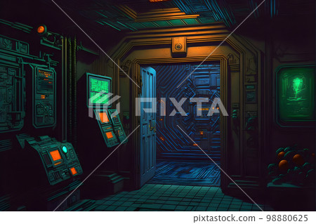 dark sci-fi narrow space station interior in green colors, neural network generated art 98880625