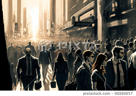 crowd of office people in city downtown district walking to their work at summer morning, neural network generated art 98880657