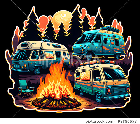 three retro camper vans around campfire in forest - cartoonish sticker on black background, neural network generated art 98880658