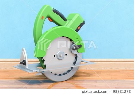 Circular saw in room near wall, 3D rendering Circular saw in room near wall, 3D rendering 98881278