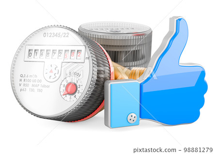 Cold and hot water meters with like icon, 3D rendering Cold and hot water meters with like icon, 3D rendering 98881279