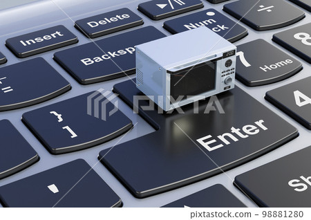 Combination oven, microwave on laptop keyboard, 3D rendering Combination oven, microwave on laptop keyboard, 3D rendering 98881280