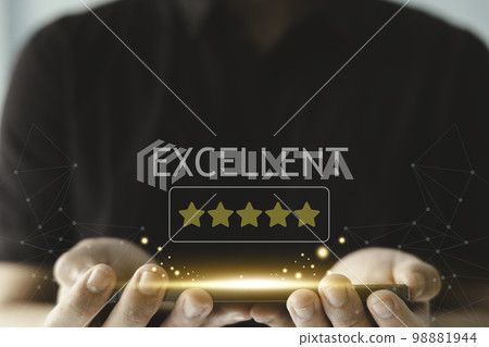 People give five stars satisfaction review on business by using smartphone. Online customer service feedback concept. People give five stars satisfaction review on business by using smartphone. Online customer service feedback concept. 98881944