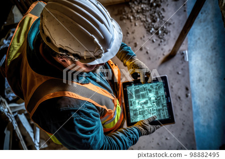 Site supervisor at the construction site checking the tablet Site supervisor at the construction site checking the tablet 98882495