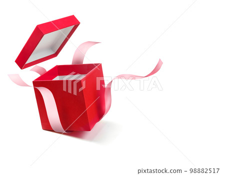 Red open gift box with ribbon isolated on white Red open gift box with ribbon isolated on white 98882517